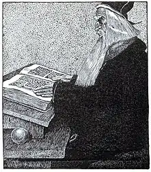 Gravure d'un vieil homme barbu assis devant un gros livre.