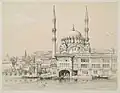 Illustration des années 1830 de la caserne Tophane construite par Mahmoud II (avec la mosquée Nusretiye derrière)