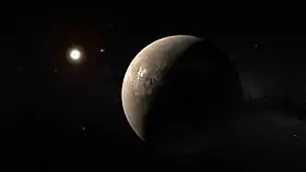 Vue d'artiste de Proxima Centauri b autour de la naine rouge  Proxima Centauri. L'étoile binaire  Alpha Centauri AB est visible à l'arrière-plan.