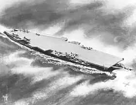 Tableau noir et blanc représentant l'USS United States, un porte-avions sans îlot.