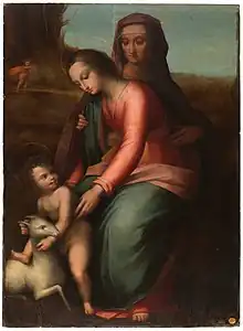 Photo en couleurs d'un tableau représentant une femme assise sur les genoux d'une autre qui tend les bras vers un bébé jouant avec un agneau. Les trois personnages sont tournés vers la gauche.