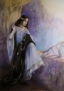 Arwen cousant la bannière d'Aragorn, aux armes de l'Arbre blanc du Gondor. Vue d'artiste d'Anna Kulisz, d'après la toile Stitching the Standard d'Edmund Blair Leighton.