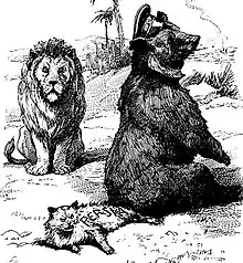 Un chat persan, représentant l'Iran, se fait écraser par l'ours russe sous le regard du lion britannique. Dessin de 1911 illustrant un épisode du Grand Jeu.