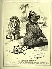 Caricature du magazine satirique anglais Punch, ou The London Charivari. Avec l'ours russe assis sur la queue du chat persan sous le regard du lion britannique, cela représente une phase du grand jeu. La légende se lit comme suit: "COMME ENTRE AMIS. British Lion (à Russian Bear). 'SI NOUS N'AVONS PAS UNE COMPRÉHENSION COMPLÈTE, JE POURRAIS PRESQUE ÊTRE TENTÉ DE VOUS DEMANDER CE QUE VOUS FAITES LÀ AVEC NOTRE PETIT CAMARADE DE JEUX.'"