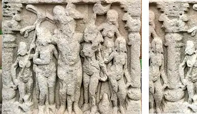 Ashoka soutenu par ses deux femmes. Visible aussi: bas-relief Torana sud du Grand Stupa.