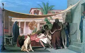 Tableau représentant deux hommes accompagnés de trois femmes et d'un chien dans la cour d’une maison.