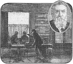 Dessin en noir et blanc d'un homme tirant à travers la vitre d'un café, avec en médaillon le visage d'un homme barbu.