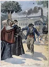 Gravure en couleurs représentant, sur un quai d'embarquement, un homme portant une casquette poignardant de face une femme vêtue de noir avec un châle bleu foncé et accompagnée d'une autre dame portant un châle bordeaux sur une robe bleu foncé.