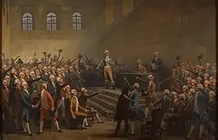 Assemblée de Vizille de 1788 : Claude Perier, à gauche, accueille le comte de Marsanne-Fontjuliane.