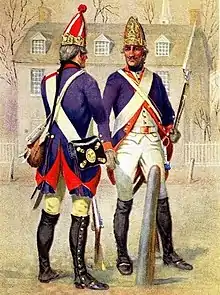 Gravure colorisée de deux soldats hessois en uniforme.