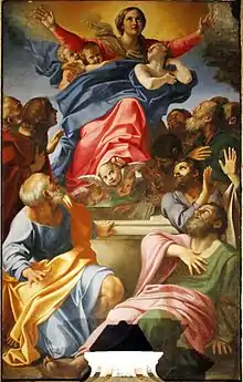 Peinture de la Vierge en gloire, les bras grands ouverts, au milieu d'une foule en extase.