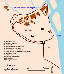 Plan général du site d'Assur avec la localisation des principaux monuments des époques assyriennes.