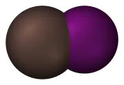 Image représentant deux sphères partiellement emboîtées, l'une un peu plus petite qui est l'iode, formant un modèle compact de l'iodure d'astate.