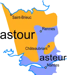 Carte de la Haute-Bretagne montrant les variations de prononciation du mot astour selon les régions.