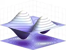 Projection tridimensionnelle d'une figure à deux dimensions. Il y a deux collines symétriques par rapport à un axe, et des puits symétriques le long de cet axe, se reliant selon une forme de selle.
