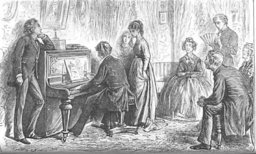 Helena Landless, debout près du piano, par Sir Luke Fildes dans Le Mystère d'Edwin Drood.