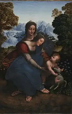 Tableau représentant une femme assise sur les genoux d'une autre qui tend les bras vers un bébé jouant avec agneau (Tableau identique à celui du Louvre).