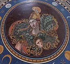 Athéna à l'égide. Mosaïque romaine du IIIe siècle entourée d'un cadre du XVIIIe siècle. Pavement de la salle en croix grecque.