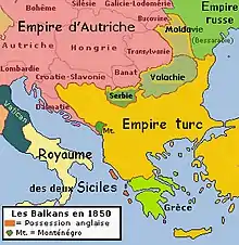 Carte montrant une péninsule des Balkans largement dominée par l'Empire ottoman, où seule la Grèce est indépendante.