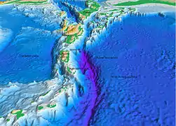 Vue en perspective du plancher océanique de l'océan Atlantique et de la mer des Caraïbes. Les Petites Antilles sont en bas à gauche et la Floride en haut à droite. Le fond de la mer violet au centre est la fosse de Porto Rico.