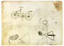 Page manuscrite comportant le dessin d'une bicyclette.