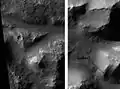 Atlantis Chaos, comme on le voit par HiRISE . Les deux images sont des parties différentes de l'image originale. Elles ont des échelles différentes. Image du quadrilatère Phaethontis.