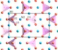 Structure à l'échelle atomique de l'olivine vue selon l'axe a. L'oxygène est représenté en rouge, le silicium en rose, et Mg, Fe et Ca en bleu. Une projection de la maille élémentaire est signalée par le rectangle noir.