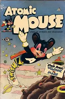Couverture en couleur d'un magazine montant une souris volante en costume