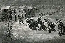 Les Français et leurs alliés amérindiens s’approchant de Schenectady dont les portes ne sont pas gardées.(Gravure américaine de 1890)