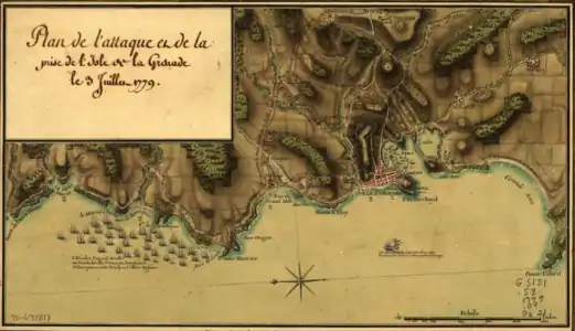 Plan de l’attaque de l’île de la Grenade en juillet 1779 par l’escadre de d’Estaing.