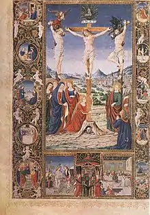 Page avec une grande scène du Christ sur La Croix entourée d'un cadre de petites scènes.