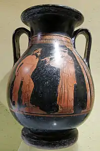 Comaste et joueuse d'aulos, face A d'une pélikè attique à figures rouges, provenance : Rhodes, vers -430 av. J.-C.