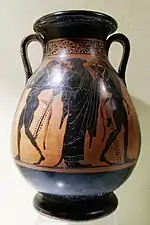Dionysos entre deux satyres, face A d'une pélikè attique à figures noires, provenance : Rhodes, vers -510 av. J.-C.