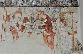 Peinture murale du chœur représentant le baiser de Juda à Jésus sous une litre funéraire.