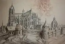 Gravure ancienne figurant une cathédrale, une église et une portion de muraille pourvue de tours