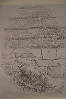 Gravure figurant un mur avec sa base en pierres de taille et le mur en pierres et briques
