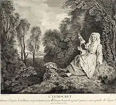 Watteau : L'indiscret, 1716gravure de Michel Aubert