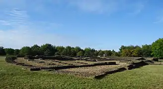 Vue d'un assemblage de murs antiques curvilignes arasés.