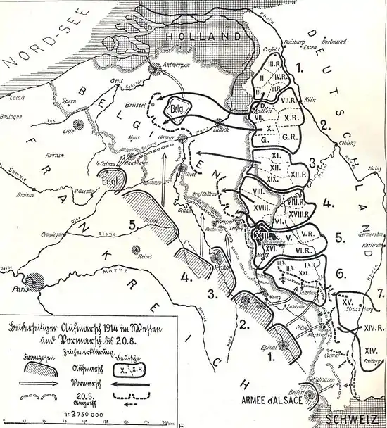 Carte représentant le plan d'invasion allemand de la Belgique en 1914.