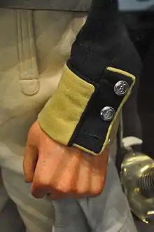 Détail d'une manche d'un uniforme, décorée d'une étoffe jaune et de boutons.