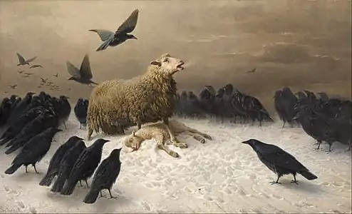 Angoisses, vers 1878, de August Friedrich Schenck : une brebis pleure son agneau mort, entourée d'une multitude de corbeaux en attente.