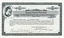 Action de l'Augusta National Golf Club, émise le 24 septembre 1945, au nom de L. Sherman Adams, chef d'État-Major du président Dwight D. Eisenhower, signée de la main de Bobby Jones en tant que président