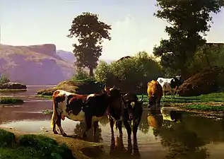 Troupeau de vaches s'abreuvant au bord du lac, New York, musée d'Art Dahesh.