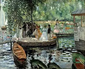 Peinture montrant une scène ensoleillée de bord de rivière avec des barques et un groupe de personnes.