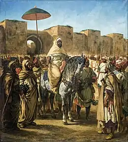 Peinture romantique orientaliste représentant un chef militaire à cheval, entouré de ses hommes, devant d'imposantes murailles