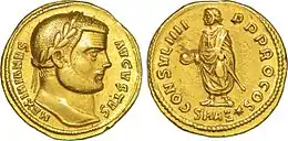 Photographie des deux faces d'une pièce en or représentant Maximien.