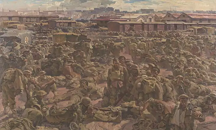 Des soldats exténués de la 6ème division arrivent à Alexandrie, peinture d'Ivor Hele