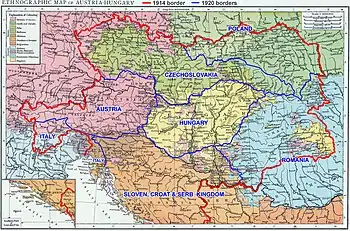 Carte de l'Autriche-Hongrie en 1914 avec les zones linguistiques selon le recensement de 1890, les frontières de 1914 (rouge) et celles de 1919 (bleu) tracées par la commission Lord en application des Quatorze points du président Wilson, et officialisées au traité du Trianon.
