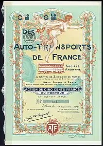 Compagnie générale des Auto-Transports de France, action en date du 1er septembre 1921.