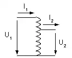 Symbole d'une bobine avec 3 connexions : une en haut pour une ligne, une en bas pour la terre et une au milieu pour l'autre ligne.